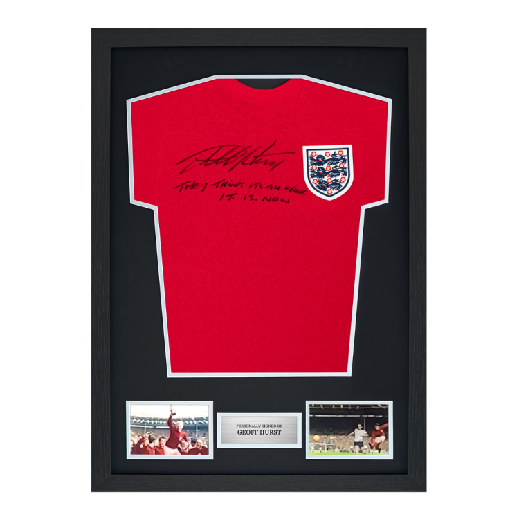 Framed Geoff Hurst Signed England Shirt: 1966 'They Think It's All Over' Inscription