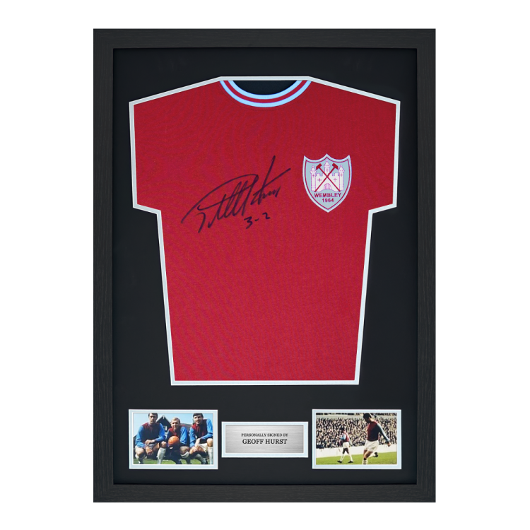 Framed Geoff Hurst Signed West Ham Shirt: 1964 FA Cup Final Wembley Special Edition 3-2