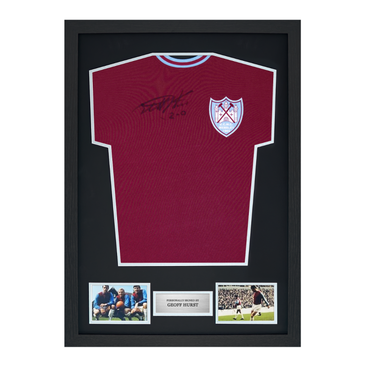 Framed Geoff Hurst Signed West Ham Shirt: 1965 ECWC Wembley Special Edition 2-0